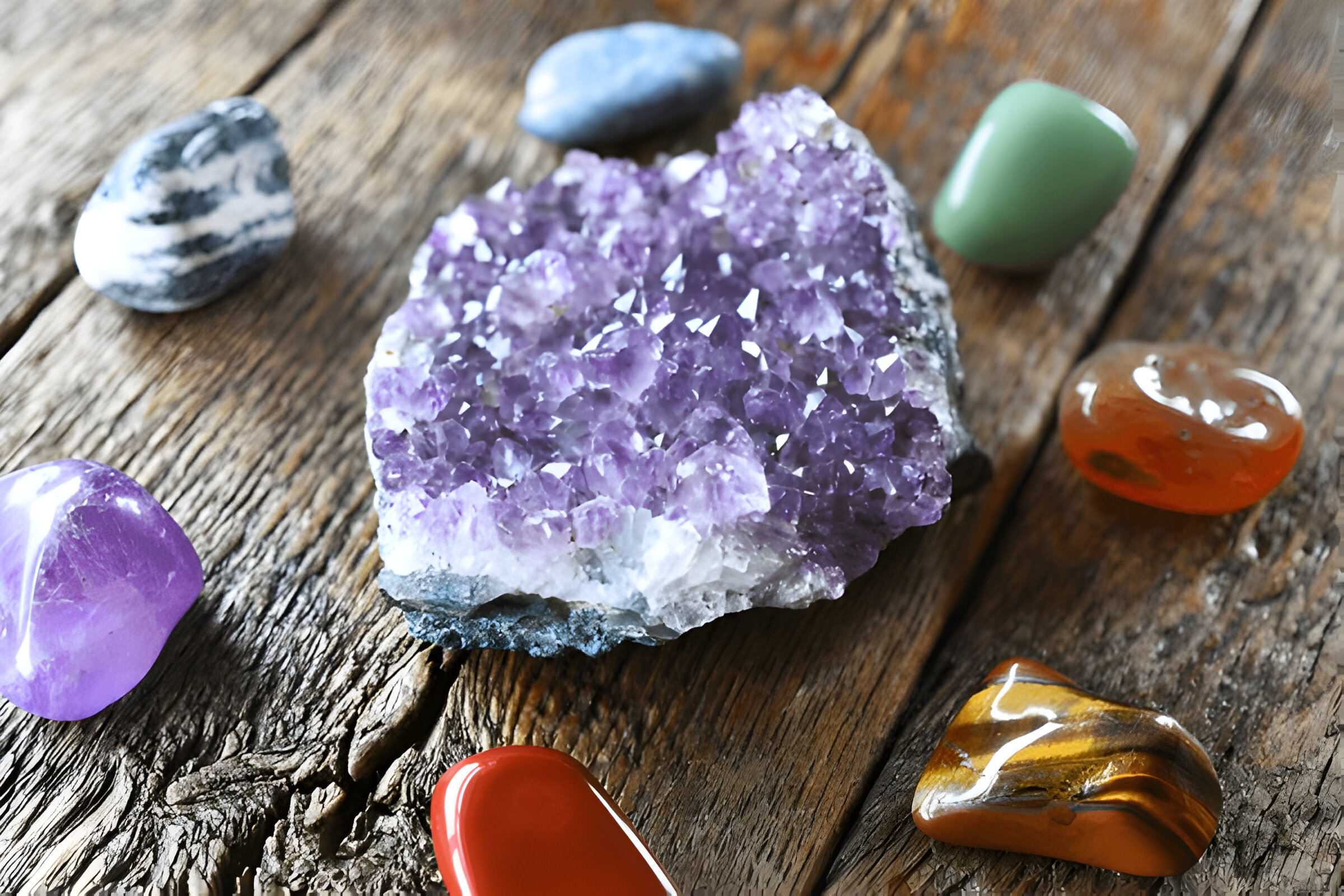 A close up image of chakra crystals surrounding am amethyst geode cluster
