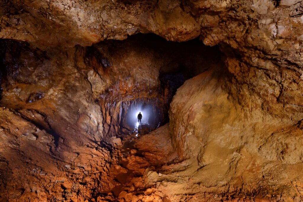 A silhouette of a person inside an active gem mine in Volodarsk, Ukraine.