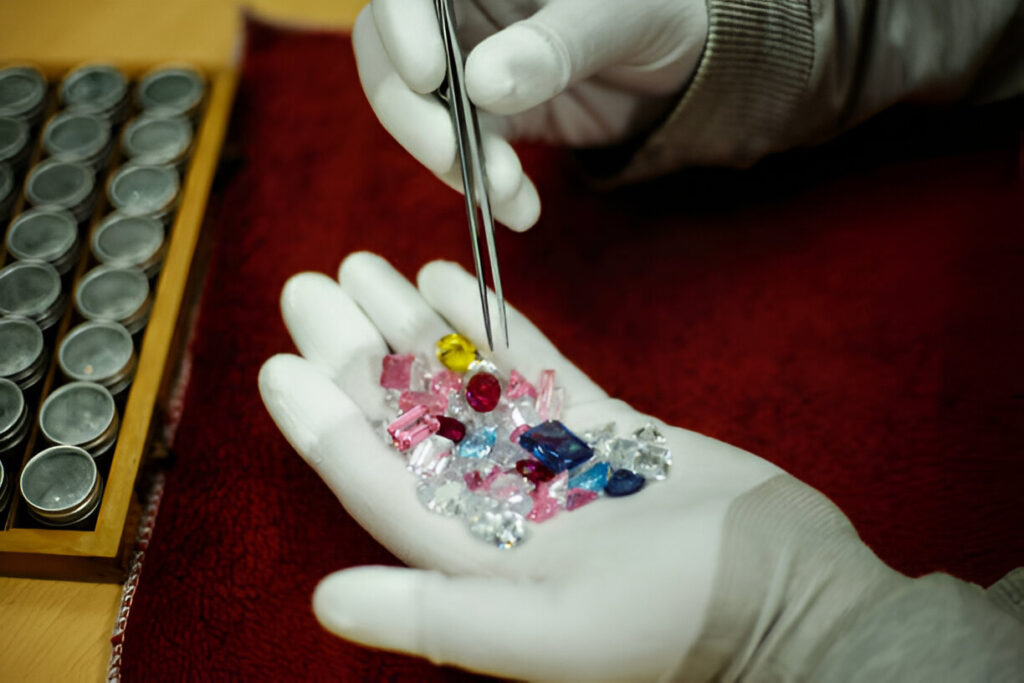 Colorful gemstones in human hand for examine