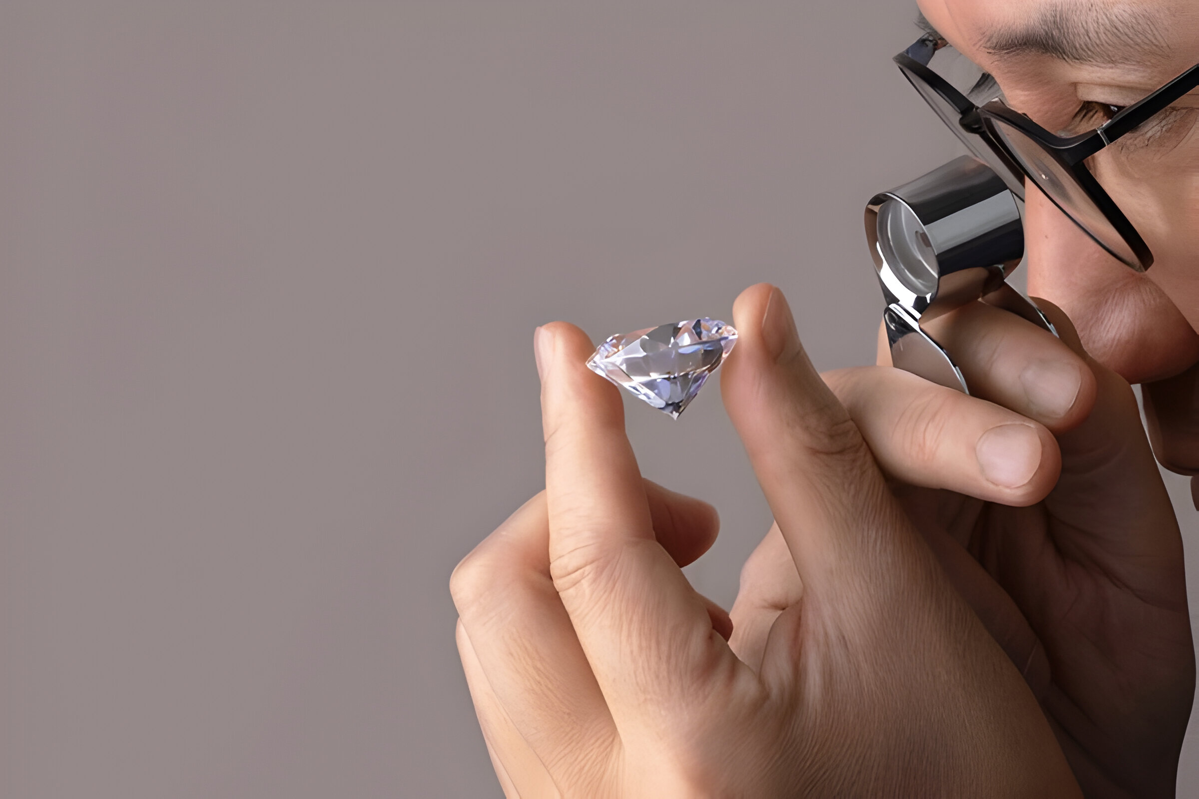 Diamond dealer at international jewellery exhibition checking the the quality of huge round cut diamond