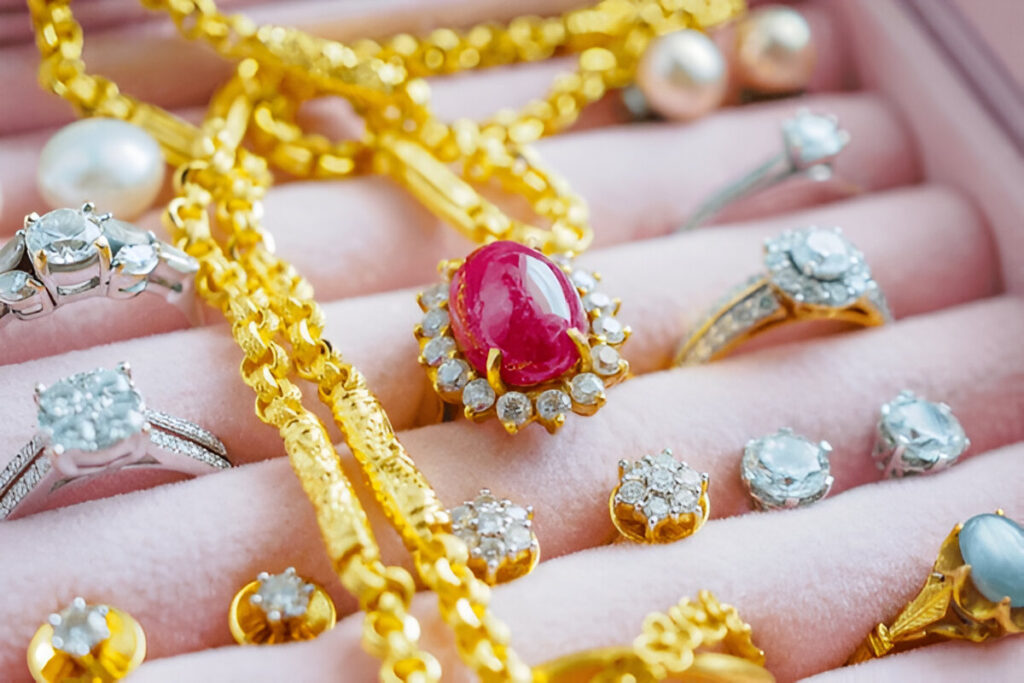 Gold and silver diamond gemstone sapphire ring necklaces and pearl earrings in luxury jewelry box