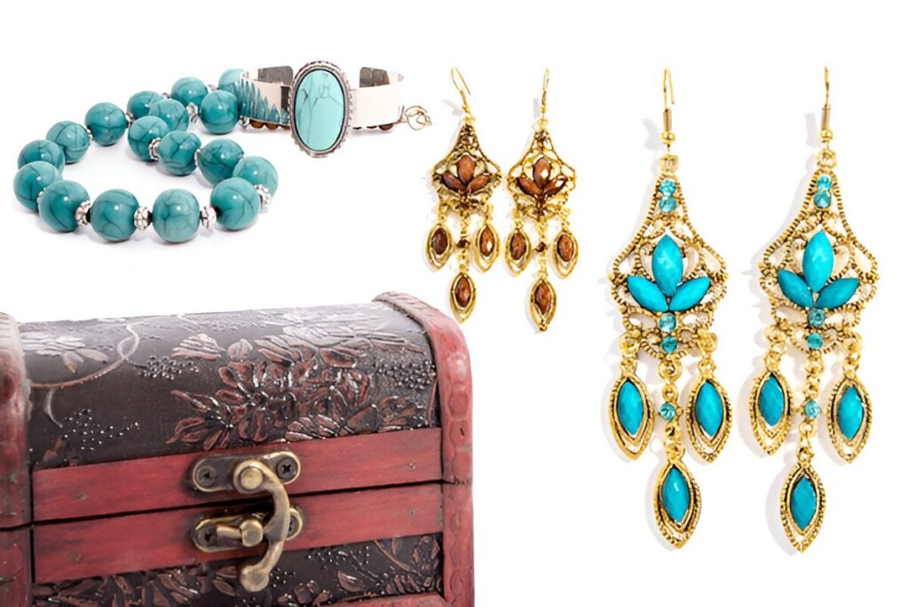 Jewellery and jewellery box on white background