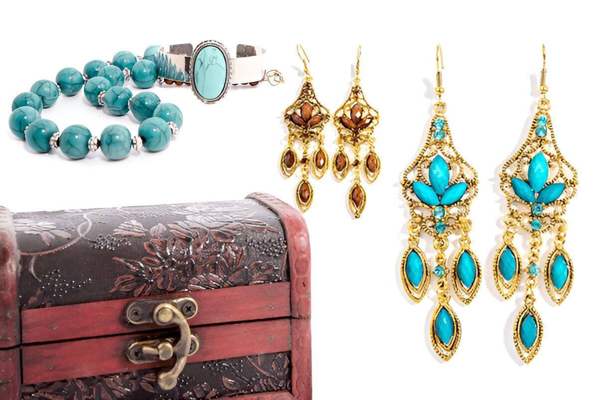 Jewellery and jewellery box on white background