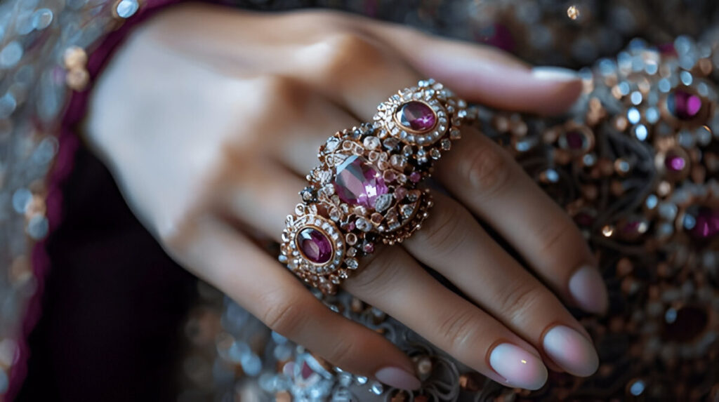 Close-Up of a Bridal Hand Adorned with a Gemstone Ring