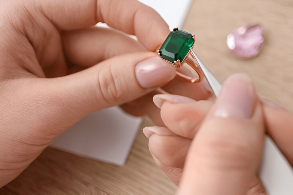 Female jeweler making ring on wooden table, closeup-2