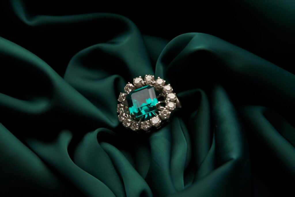 Green emerald fashion engagement diamond ring on green satin background.