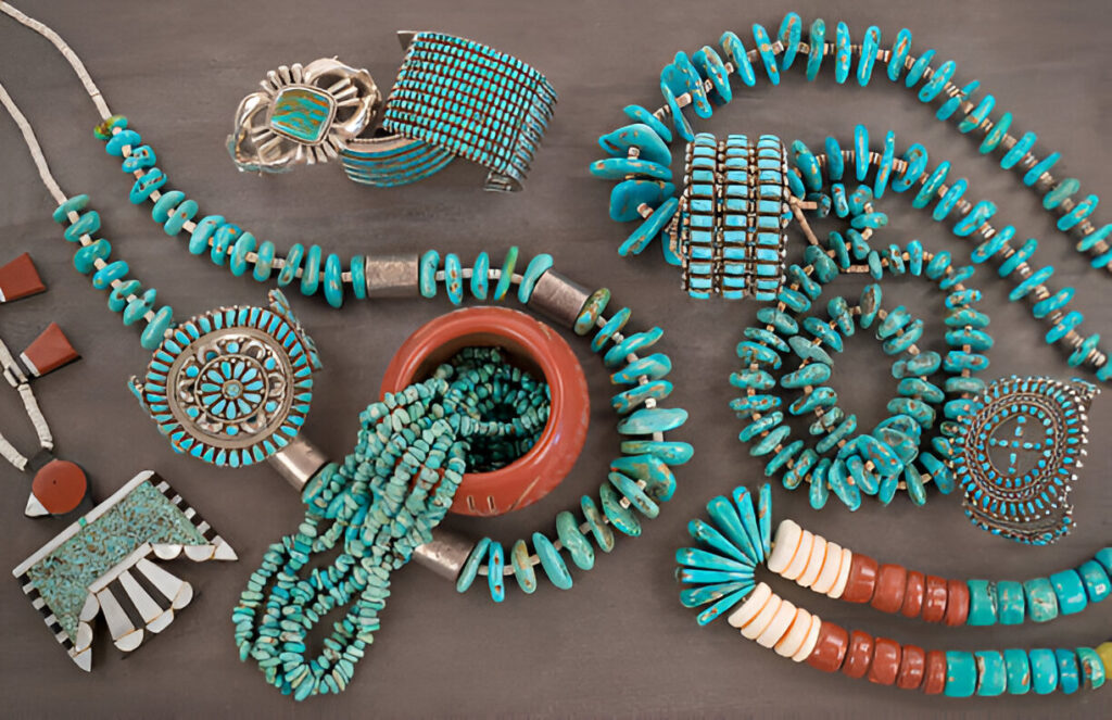 A collection of Vintage Native American Jewelry made of turquoise and variscite