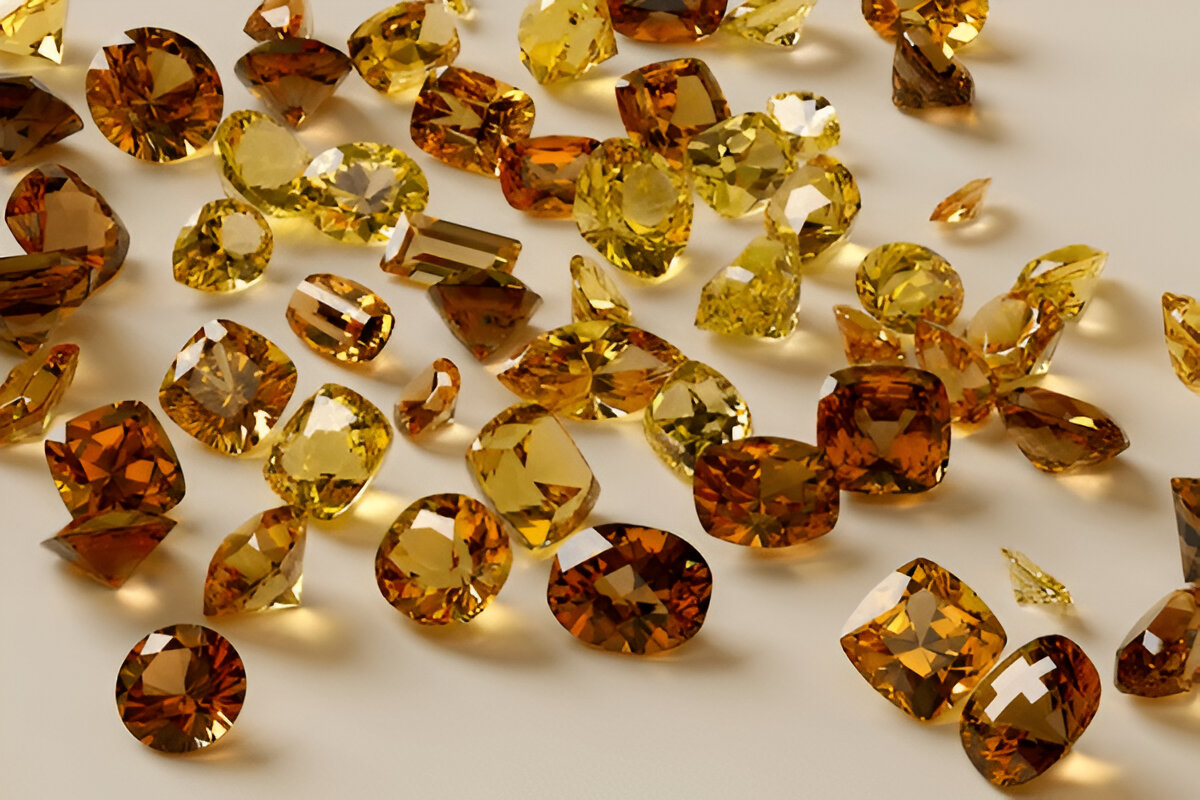 Colorful yellow and brown topaz gemstones scattered on beige background